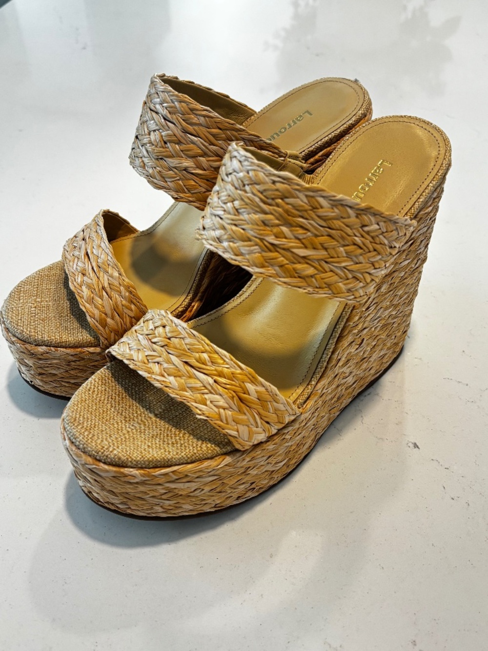 Larroude raffia platform wedge sandals